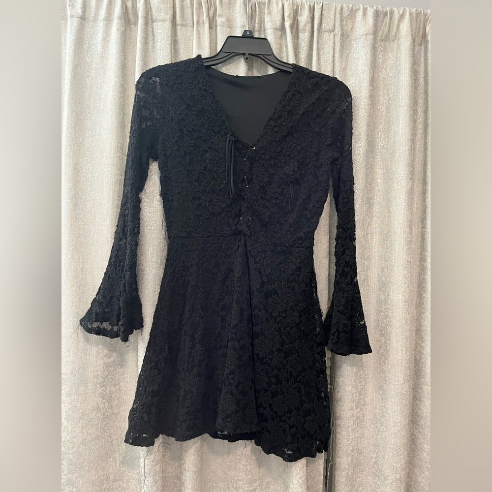 Short Black Lace Dress with V Neckline